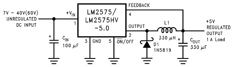 مدار منبع سوئیچینگ با استفاده از رگولاتور 5 ولت LM2575