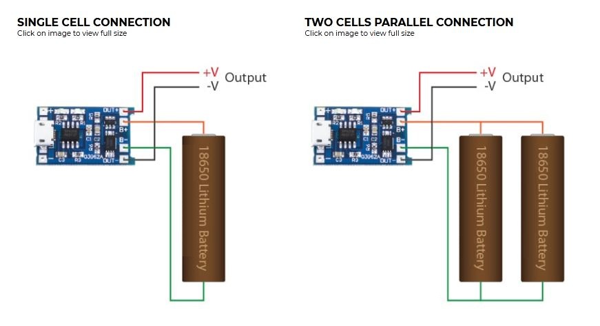 نحوه اتصال یک باتری و دو باتری لیتیوم موازی به ماژول شارژر باتری لیتیومی TC4056
