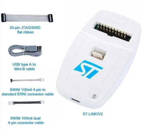 کابل JTAG/SWD برای اتصال به میکروکنترلر 20 پین، کابل USB، کابل SWIM چهار پین و کابل SWIM دوطرفه چهارپین